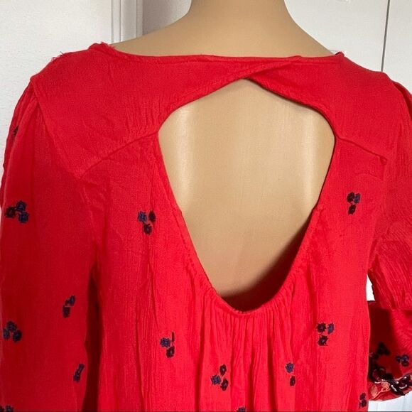 Free People Women’s Oxford Embroidered Mini Dress Red Combo Size Small - Picture 8 of 16